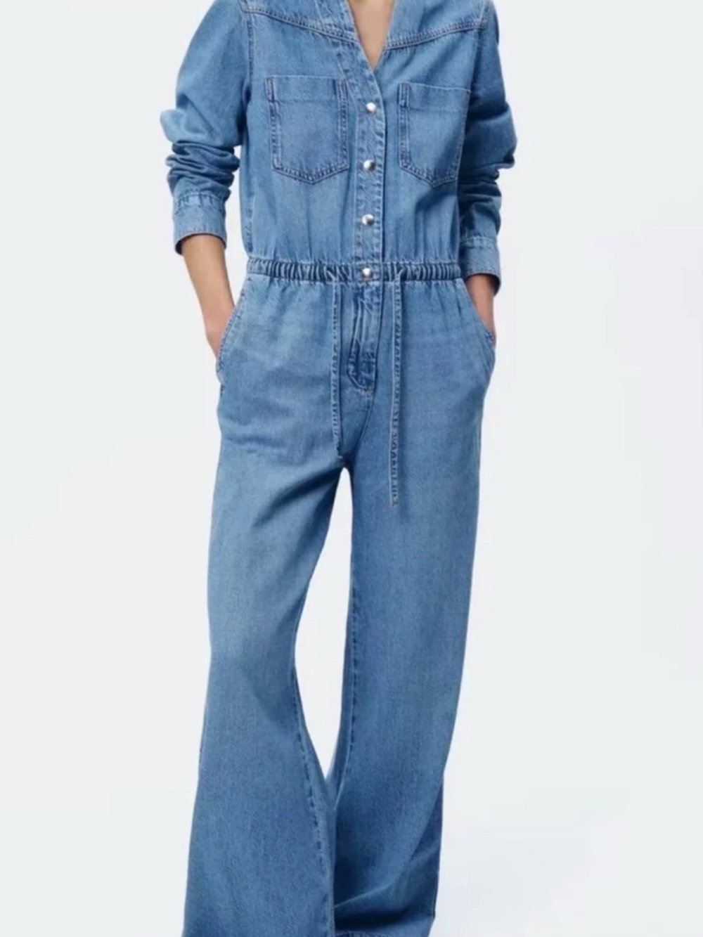 Zara Light Blue Denim Drawstring Jumpsuit